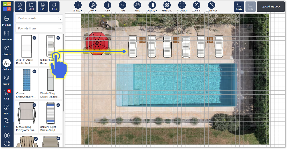 Users can place loungers, umbrellas, and tables directly onto a realistic aerial pool background for true-to-scale planning.